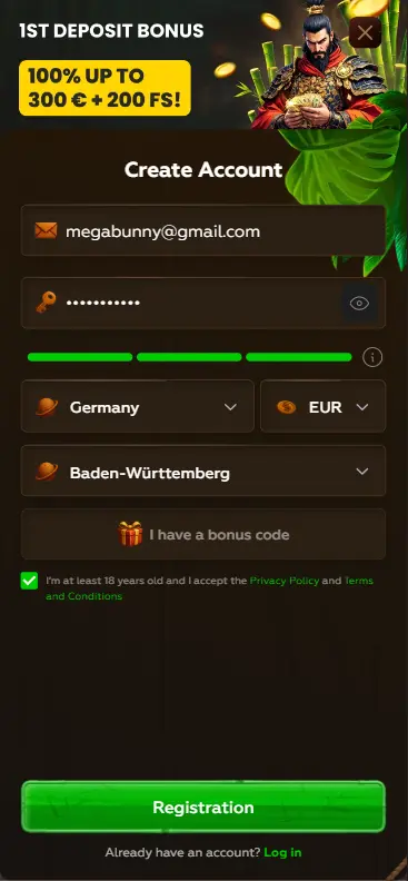 Registrierungsformular für das Spielen von Mega Bunny um Echtgeld