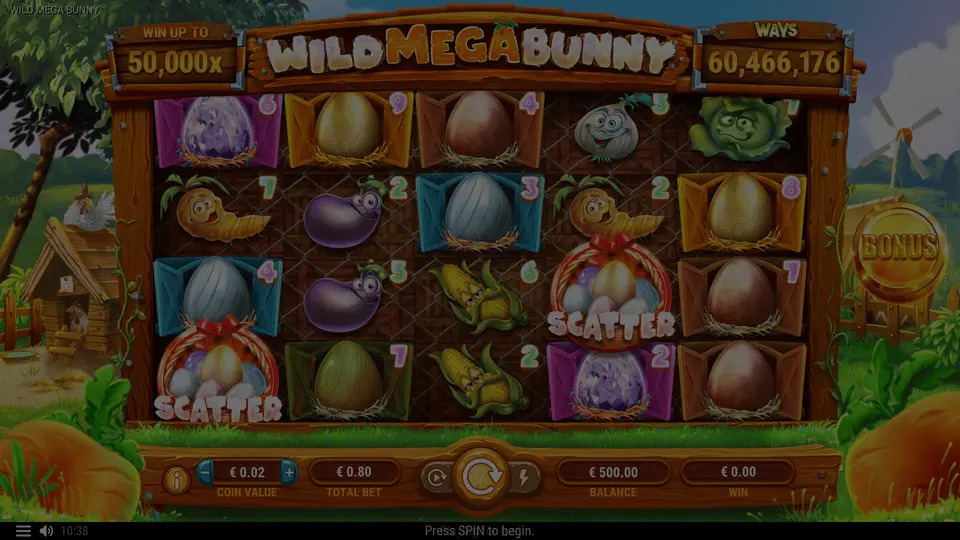 Mega Bunny game demo window showing farm theme with symbol multipliers
