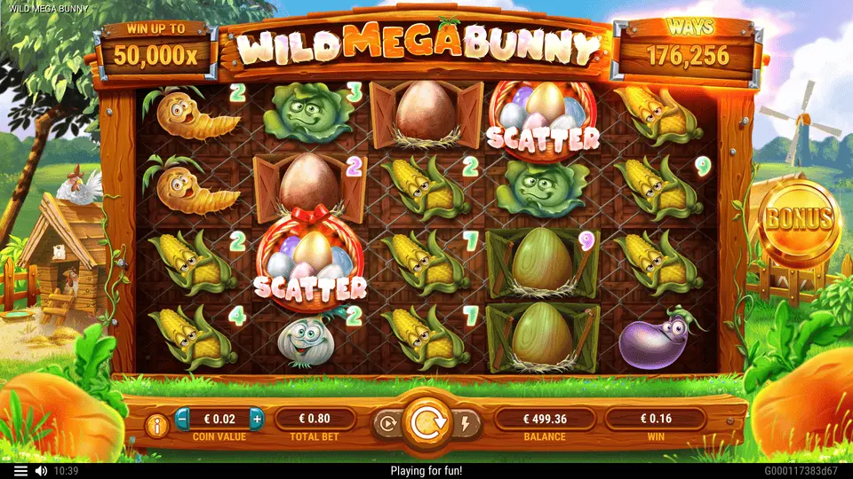 Mega Bunny slot base game showing colourful farm setting with visible symbol multipliers